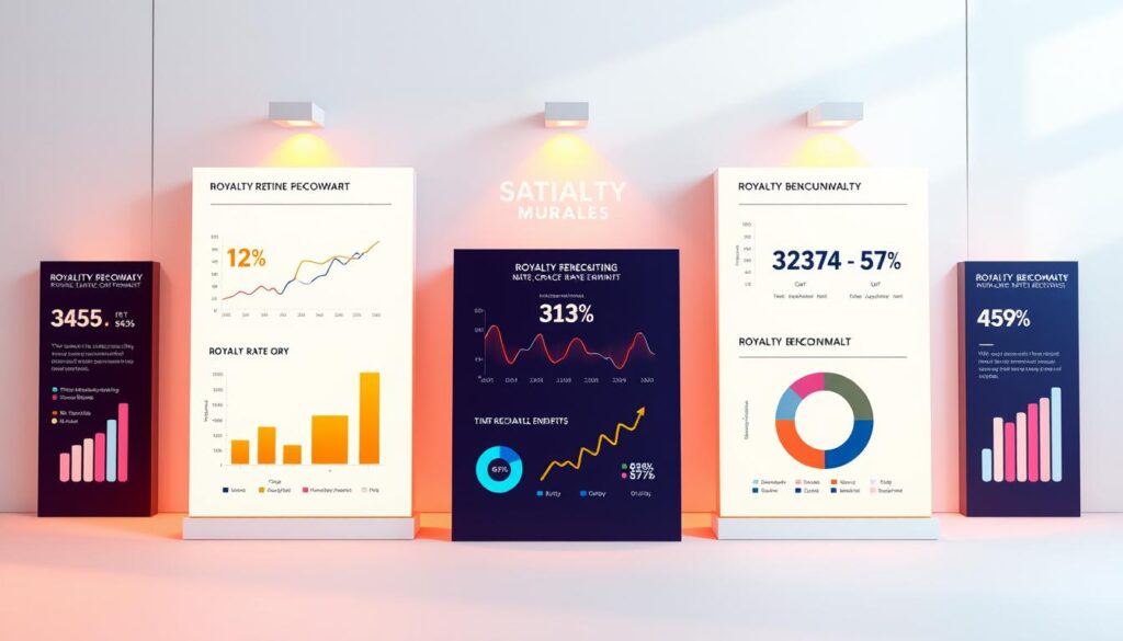 A vibrant, data-driven visualization of royalty percentage benchmarks for the NFT ecosystem. Against a clean, minimalist backdrop, a series of dynamic charts and infographics are displayed, showcasing various royalty rate tiers and their corresponding benefits for creators. The charts are rendered with a sleek, high-contrast aesthetic, illuminated by warm, directional lighting that casts subtle shadows, emphasizing the depth and dimensionality of the data visualizations. The overall composition is balanced and visually compelling, inviting the viewer to explore the intricacies of sustainable revenue models for digital artists and NFT creators.