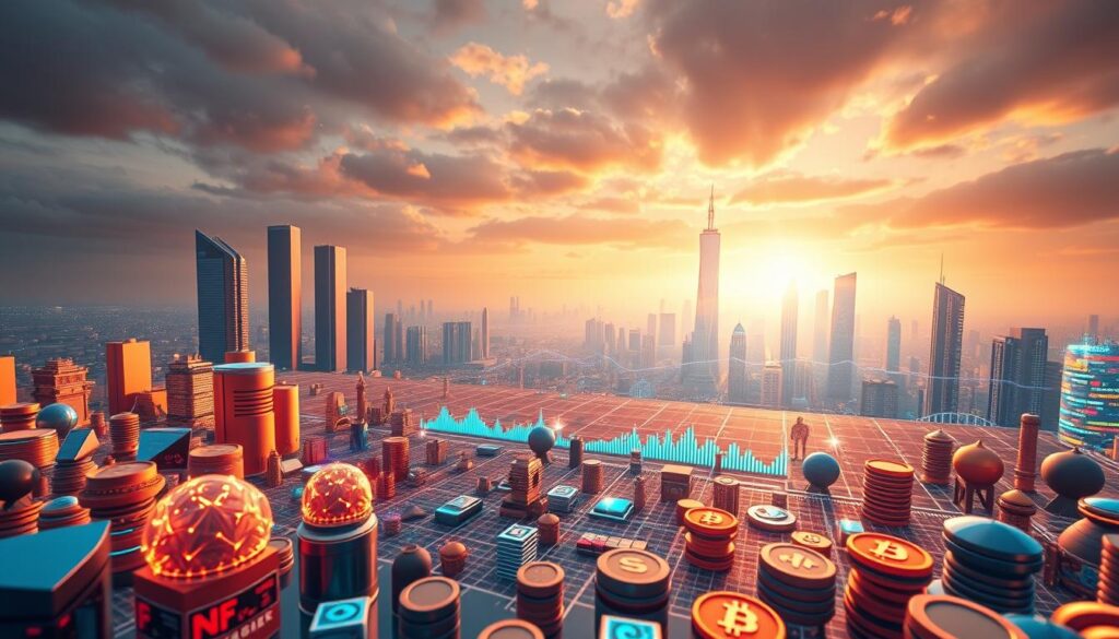 A vibrant, data-driven visualization of the dynamic NFT market landscape. A panoramic view, captured through a wide-angle lens, showcasing an array of digital assets, represented by sleek 3D models. The foreground features various NFT icons, each with a distinct design, reflecting the diversity of the market. The middle ground displays a grid-like layout, visualizing trends and price fluctuations, with sparkling data points and holographic infographics. The background is a futuristic cityscape, with towering skyscrapers and a luminous skyline, symbolizing the boundless potential of the NFT ecosystem. Warm, diffused lighting casts a sense of optimism and innovation, inviting the viewer to navigate this ever-evolving digital frontier.