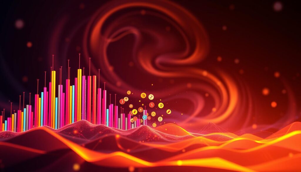 A vibrant, data-driven visualization showcasing the intricate relationship between cryptocurrency market capitalization and price fluctuations. In the foreground, a dynamic bar chart depicts the changing market caps of major digital assets, their values represented by tall, colorful columns. The middle ground features a scattering of cryptocurrency symbols, their sizes proportional to their respective market shares. In the background, a swirling, abstract landscape of geometric shapes and gradients reflects the volatility and interconnectedness of the crypto ecosystem. Warm lighting casts an analytical, yet captivating glow, inviting the viewer to delve deeper into the nuanced dynamics that shape the cryptocurrency market.