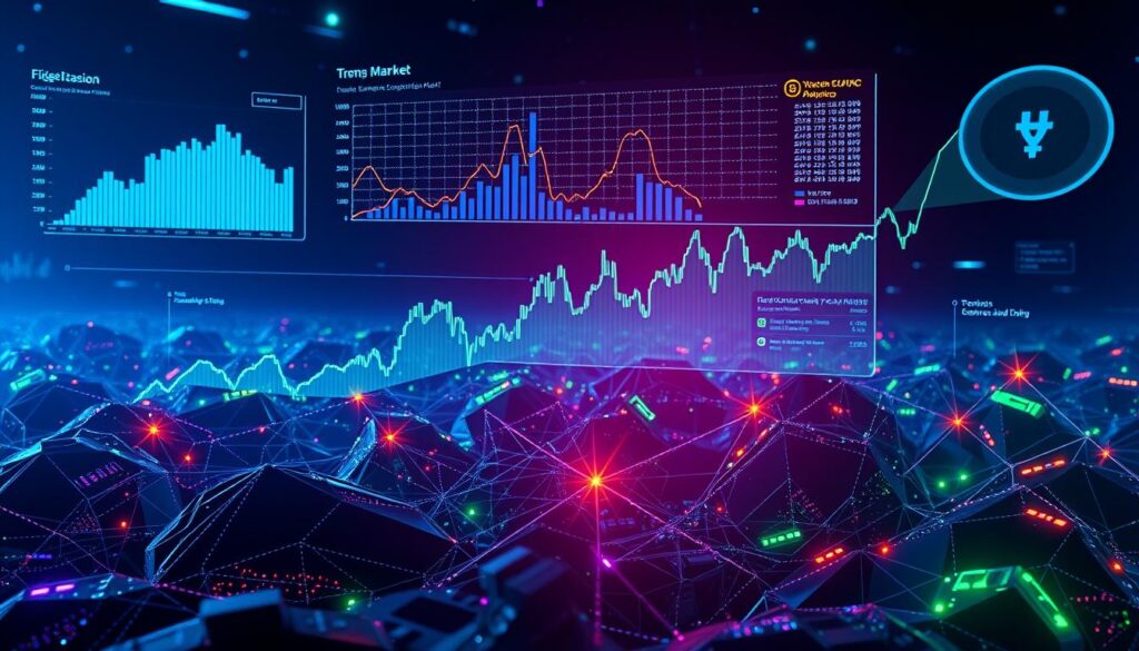A vibrant data visualization of the cryptocurrency market's fluctuations and emerging trends. Sleek, futuristic charts and graphs hover above a dark, intricate landscape of digital tokens and blockchains. The scene is bathed in a neon glow, with hues of blue, green, and purple casting an otherworldly atmosphere. Subtle, holographic overlays provide key insights and projections, while the overall composition conveys a sense of dynamism, innovation, and the power of data-driven analysis to navigate the volatile crypto landscape.