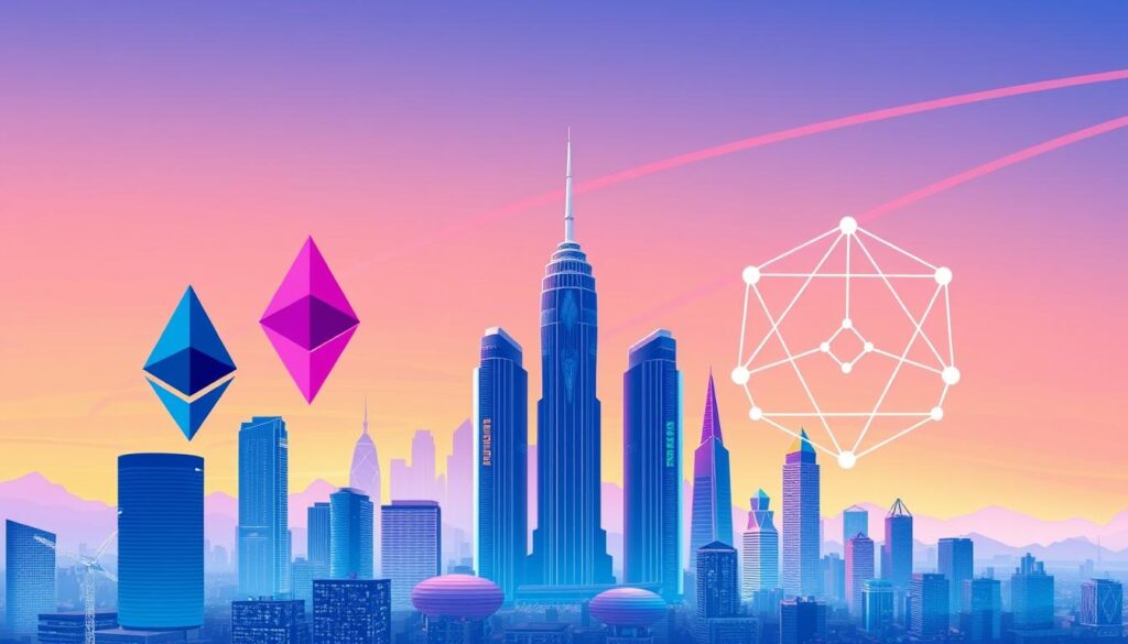 A vibrant, detailed illustration of a "multi-chain protocol comparison" showcasing the key features and differences between Ethereum, Polygon, and Solana blockchain networks. In the foreground, three distinct protocol icons gracefully intertwine, symbolizing their interconnectivity. The middle ground depicts a futuristic cityscape with towering skyscrapers, each representing the unique strengths of the respective chains - Ethereum's decentralization, Polygon's scalability, and Solana's lightning-fast transactions. The background is a serene, gradient-filled sky, evoking a sense of harmony and balance. The overall composition conveys the seamless integration and collaboration between these prominent blockchain protocols, essential for cross-chain NFT interoperability.