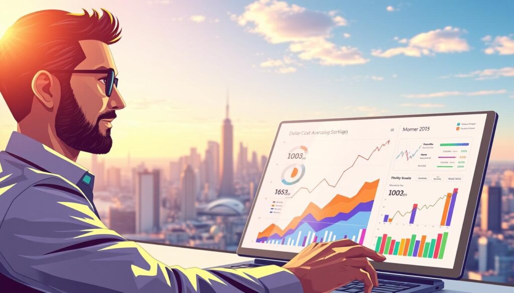 A vibrant, detailed illustration showcasing the benefits of a Dollar-Cost Averaging (DCA) investment strategy. In the foreground, a confident investor meticulously charts their portfolio growth over time, using a sleek digital dashboard. In the middle ground, colorful graphs and charts depict the steady, consistent gains achieved through DCA, highlighting its advantages over lump-sum investing. The background features a serene, futuristic cityscape, symbolizing the long-term wealth accumulation and financial security enabled by this prudent approach. The scene is illuminated by a warm, natural lighting that casts a reassuring glow, conveying a sense of stability and success.