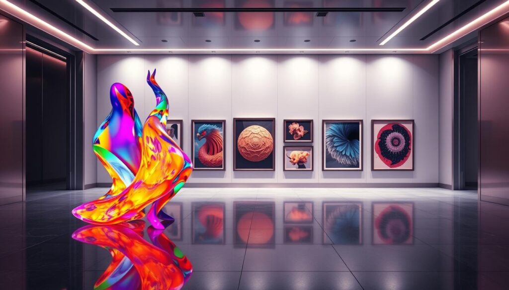 A vibrant digital canvas showcasing the resale success of cutting-edge NFT artworks. In the foreground, a trio of dynamic, abstract digital sculptures in striking neon hues float weightlessly, their prismatic surfaces reflecting a myriad of colors. In the middle ground, a curated gallery of framed NFT pieces, each a unique digital masterpiece, command attention with their mesmerizing designs and intricate digital brushstrokes. The background features a sleek, minimalist environment with metallic accents, casting a futuristic glow upon the digital artworks. Soft, directional lighting illuminates the scene, emphasizing the depth and dimensionality of the digital compositions. An atmosphere of innovation, creativity, and financial prosperity permeates the entire image, capturing the essence of the NFT resale success story.