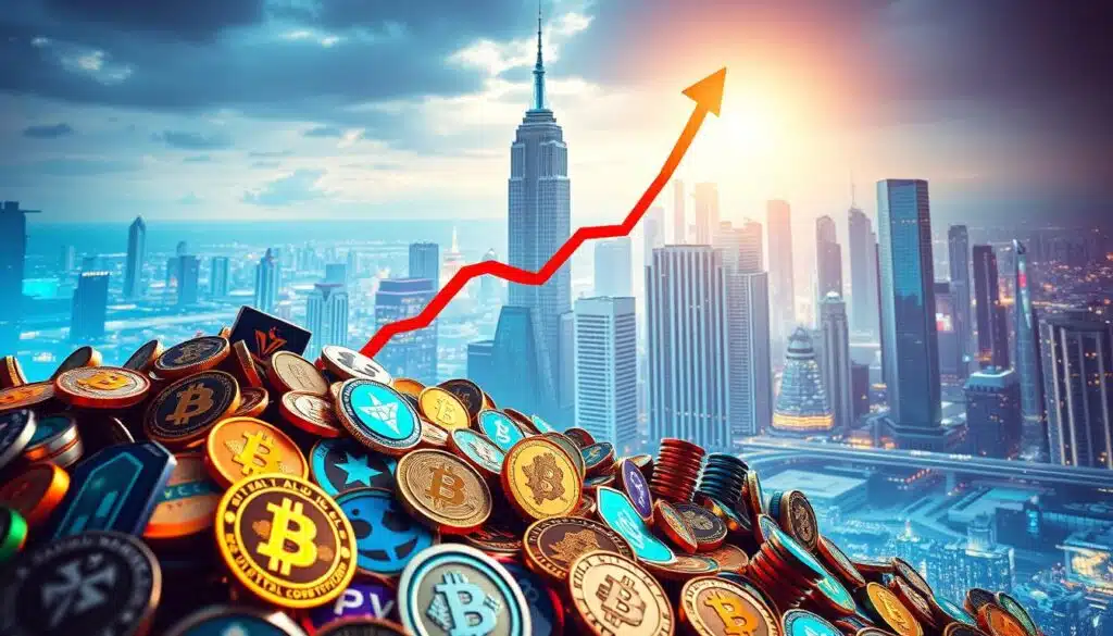 A vibrant, dynamic image showcasing the growth of digital assets. The foreground features an array of cryptocurrencies, NFTs, and other blockchain-based tokens, each represented by its distinct visual style and color palette. The middle ground depicts a soaring graph, its upward trajectory symbolizing the rapid expansion of the digital asset market. In the background, a futuristic cityscape with towering skyscrapers and gleaming technology reflects the integration of these digital innovations into the broader economic landscape. The lighting is sharp and directional, casting dramatic shadows and highlights to accentuate the momentum and energy of this burgeoning industry. The overall composition conveys a sense of progress, innovation, and the transformative potential of the crypto ecosystem. A vibrant, dynamic image showcasing the growth of digital assets. The foreground features an array of cryptocurrencies, NFTs, and other blockchain-based tokens, each represented by its distinct visual style and color palette. The middle ground depicts a soaring graph, its upward trajectory symbolizing the rapid expansion of the digital asset market. In the background, a futuristic cityscape with towering skyscrapers and gleaming technology reflects the integration of these digital innovations into the broader economic landscape. The lighting is sharp and directional, casting dramatic shadows and highlights to accentuate the momentum and energy of this burgeoning industry. The overall composition conveys a sense of progress, innovation, and the transformative potential of the crypto ecosystem.