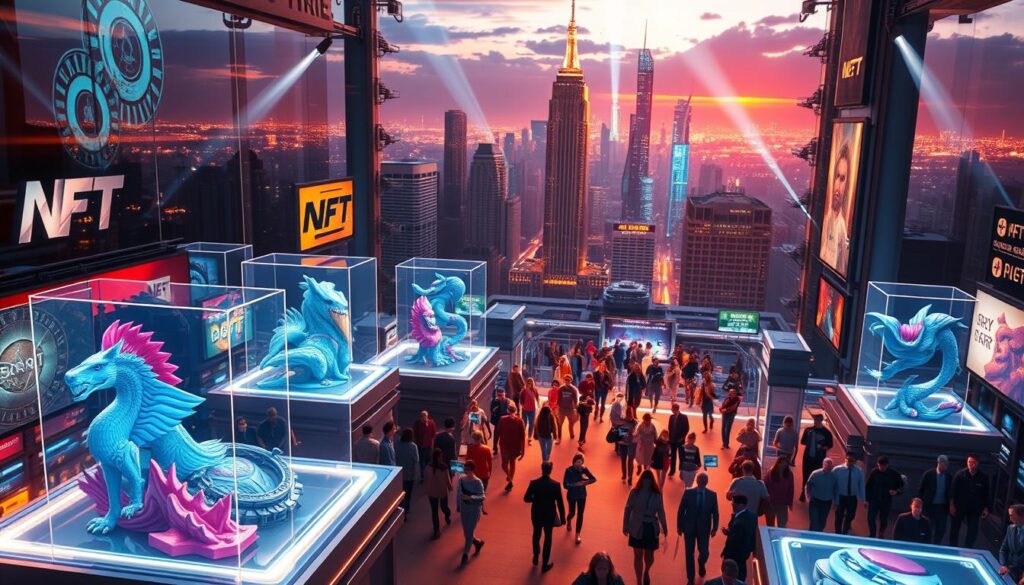 A vibrant, dynamic scene showcasing the intricate workings of a thriving NFT marketplace. In the foreground, a series of 3D-rendered digital art pieces are displayed on sleek, holographic interfaces, their intricate details and vivid colors catching the eye. In the middle ground, a bustling crowd of potential investors and collectors navigates the virtual space, examining and interacting with the various NFT offerings. The background features a futuristic cityscape, its towering skyscrapers and neon-lit skyline suggesting a cutting-edge, technologically advanced environment. The lighting is a combination of warm, ambient illumination and crisp, directional beams, creating a sense of depth and emphasis on the key elements. The overall mood is one of excitement, innovation, and the promise of untapped digital wealth and artistic expression.