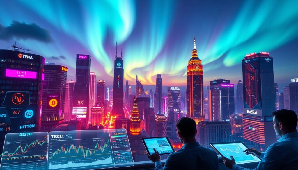 A vibrant, futuristic cityscape at dusk, with holographic displays showcasing various cryptocurrency trading strategies. In the foreground, a group of traders analyze charts and graphs on their sleek, transparent tablets, illuminated by the soft glow of their screens. The middle ground features a bustling financial district, with towering skyscrapers adorned with neon-lit logos of prominent crypto exchanges. The background is dominated by a stunning, aurora-like display in the night sky, hinting at the unpredictable and dynamic nature of the crypto markets.