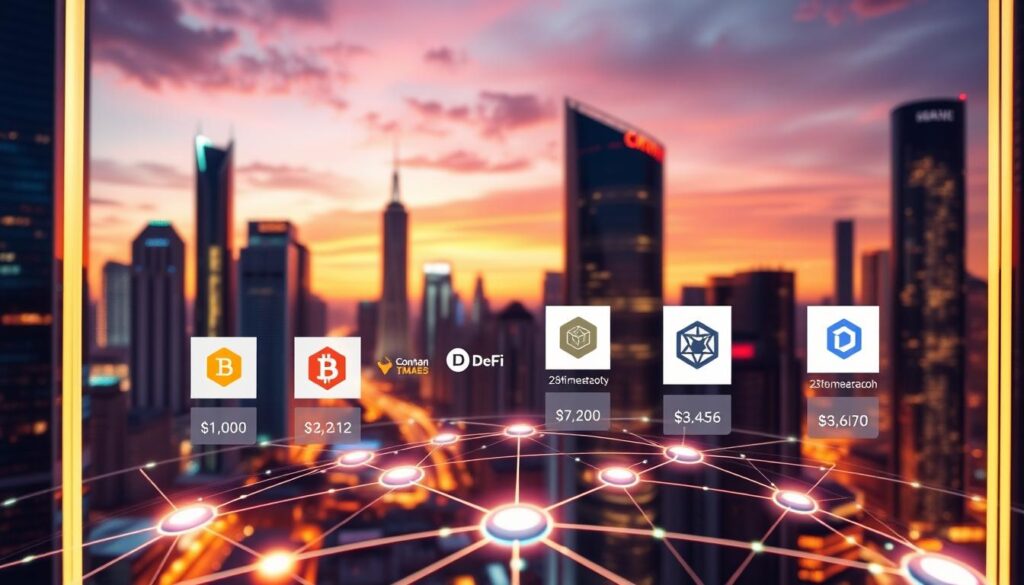 A vibrant, futuristic cityscape at dusk, with sleek skyscrapers and holographic displays illuminating the skyline. In the foreground, a digital interface showcases various DeFi staking platforms, their logos and performance metrics floating above a stylized blockchain network. The scene is bathed in a warm, amber glow, conveying a sense of innovation and technological advancement. The composition is balanced, with the cityscape providing a dynamic backdrop to the central focus on the DeFi staking platforms.