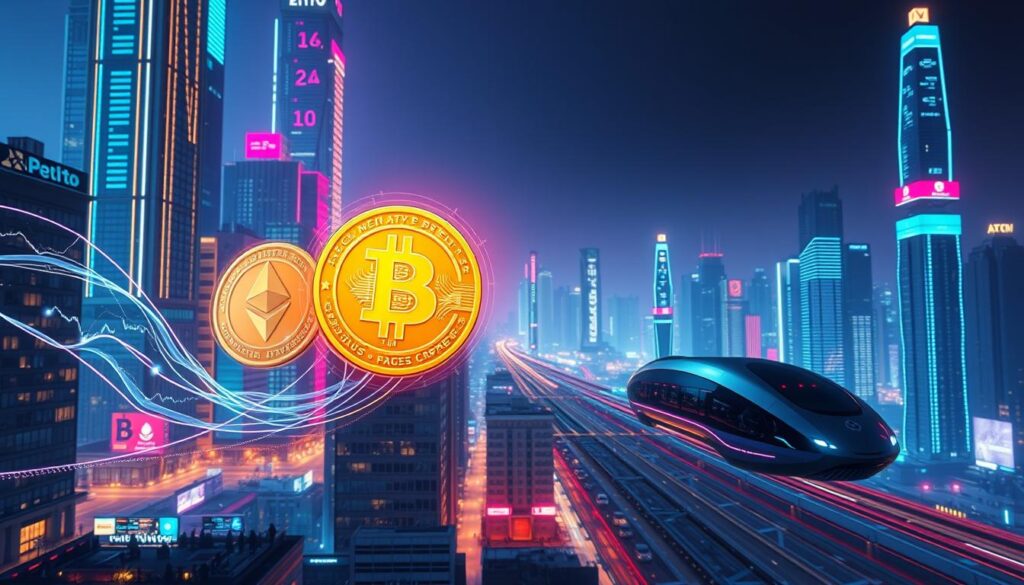 A vibrant futuristic cityscape, illuminated by the soft glow of holographic displays and neon-tinged skyscrapers. In the foreground, two virtual currency symbols, Bitcoin and Ethereum, hover amidst a swirling data stream, their values fluctuating dynamically. The mid-ground features a bustling financial district, with traders and analysts peering intently at their digital dashboards. In the distance, a sleek, next-generation transportation system glides silently through the urban landscape, symbolizing the technological advancements shaping the world of 2025. The overall atmosphere is one of innovation, progress, and the convergence of finance and technology.