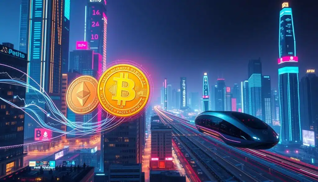 A vibrant futuristic cityscape, illuminated by the soft glow of holographic displays and neon-tinged skyscrapers. In the foreground, two virtual currency symbols, Bitcoin and Ethereum, hover amidst a swirling data stream, their values fluctuating dynamically. The mid-ground features a bustling financial district, with traders and analysts peering intently at their digital dashboards. In the distance, a sleek, next-generation transportation system glides silently through the urban landscape, symbolizing the technological advancements shaping the world of 2025. The overall atmosphere is one of innovation, progress, and the convergence of finance and technology.