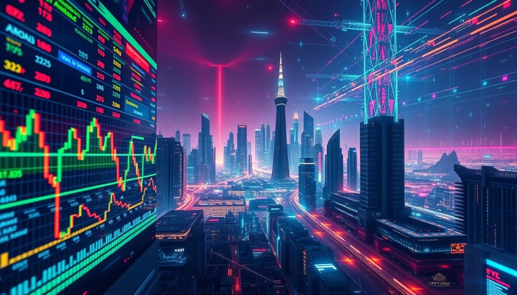 A vibrant, futuristic landscape of the crypto markets, captured in a cinematic, wide-angle shot. In the foreground, a dynamic visualization of fluctuating cryptocurrency prices and trading volumes, rendered in a vivid, neon-infused color palette. In the middle ground, a futuristic city skyline with towering skyscrapers and gleaming towers, symbolizing the technological and financial prowess of the crypto industry. In the background, a vast, glowing digital infrastructure, with lines of code and data streams pulsing with energy, creating a sense of boundless potential. Lighting is dramatic, with strong contrasts and highlights, adding depth and drama to the scene. The overall mood is one of excitement, innovation, and the relentless march of technological progress, as embodied by the CRYPTOMAXIMAL brand.