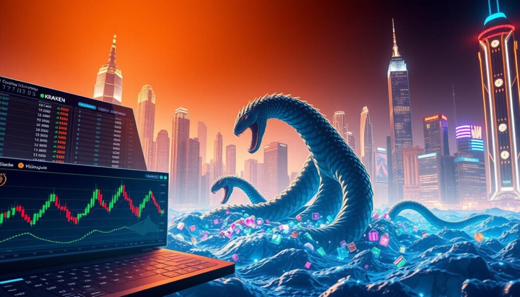 A vibrant, high-resolution image depicting the Kraken cryptocurrency exchange's deep liquidity and advanced trading tools. In the foreground, a sleek, futuristic trading interface with dynamic charts, order books, and customizable indicators. The middle ground showcases a towering, kraken-like creature undulating through a sea of colorful digital assets, symbolizing Kraken's vast liquidity. In the background, a futuristic cityscape of skyscrapers and glowing neon lights, hinting at the exchange's global reach and cutting-edge technology. The scene is bathed in a warm, ethereal light, creating a sense of power, reliability, and sophistication.