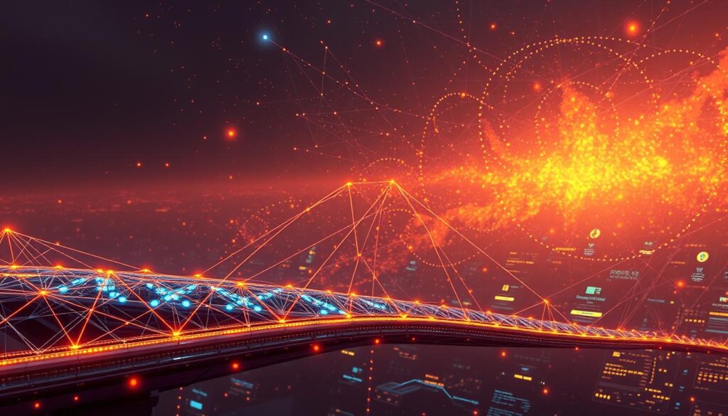A vibrant, holistic vision of interoperability within a multi-chain DeFi ecosystem. In the foreground, a futuristic bridge seamlessly connecting diverse blockchain networks, its architecture a symphony of interlocking components. In the middle ground, a dynamic flow of digital assets and information, represented by glowing data streams and flashes of light. In the background, a nebula-like expanse of interconnected decentralized applications, their interfaces and protocols interwoven in a complex, harmonious tapestry. Warm, diffuse lighting casts a sense of technological harmony, while a subtle sense of depth and dimension conveys the scale and interconnectedness of this integrated financial landscape. The overall mood is one of seamless integration, efficiency, and the realization of a truly interoperable DeFi future.