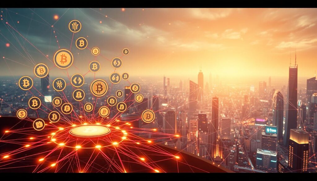 A vibrant visualization of stablecoins liquidity, captured in a dynamic and technologically-advanced composition. In the foreground, a central hub showcases various stablecoin logos, pulsing with energy and interconnectivity. The middle ground features a complex network of transaction flows, illustrated by intricate lines and geometric shapes, representing the intricate web of liquidity movements. In the background, a futuristic cityscape emerges, with towering skyscrapers and neon-lit landscapes, symbolizing the integration of stablecoins into the broader digital economy. The scene is bathed in a warm, ethereal lighting, creating a sense of depth, balance, and technological sophistication.