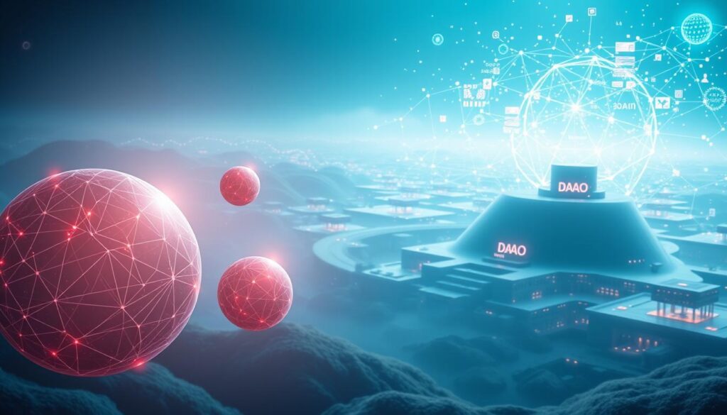 A visually striking digital landscape showcasing the tiers of a DAO membership. In the foreground, a series of interconnected spheres in varying sizes and hues, each representing a distinct level of membership, adorned with intricate geometric patterns and glowing digital assets. The middle ground features a sleek, minimalist architecture in shades of blue and gray, hinting at the technological infrastructure that supports the DAO. In the background, a vast, ethereal expanse filled with floating data fragments and holographic projections, conveying the sense of a decentralized, interconnected ecosystem. The lighting is soft and diffused, creating a sense of depth and dimension, while the camera angle is slightly elevated, giving the viewer a comprehensive overview of the scene. The overall mood is one of sophistication, innovation, and the transformative potential of DAO-driven digital economies.