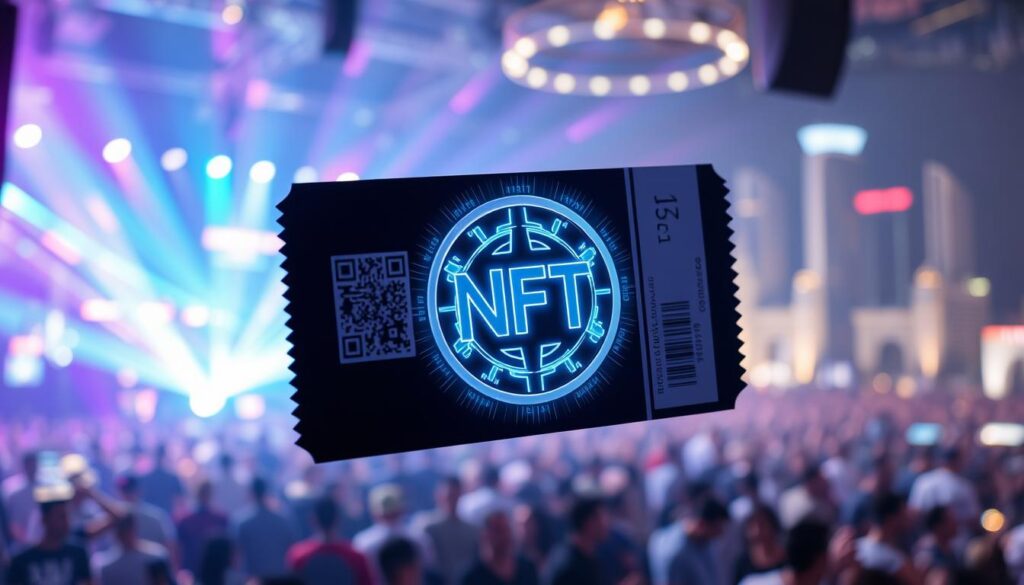 A visually striking event ticket design featuring a non-fungible token (NFT) motif. In the foreground, a sleek, minimalist ticket with a QR code and embossed NFT insignia hovers against a blurred backdrop of a lively music festival or conference venue. The middle ground showcases a glowing, holographic NFT icon pulsing with dynamic energy, symbolizing the integration of blockchain technology. The background depicts a vibrant, futuristic cityscape with skyscrapers and neon lights, conveying a sense of technological innovation and immersive experience. The overall composition radiates a sense of exclusivity, digital authenticity, and the seamless fusion of physical and virtual realms.