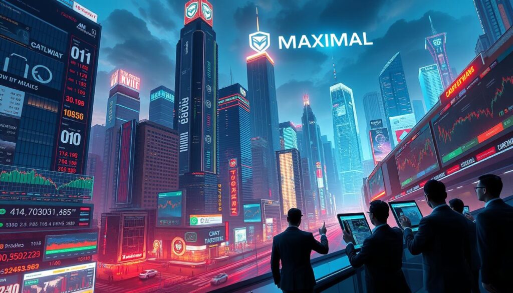 A vivid futuristic cityscape with towering skyscrapers, neon-lit streets, and a bustling cryptocurrency trading floor in the foreground. Holographic displays showcase live market data, price charts, and trading indicators. Figures in business attire gesture animatedly, analyzing data and executing trades on sleek AR interfaces. Perched atop the buildings, the CRYPTOMAXIMAL logo shines brightly, illuminating the scene with a cyberpunk aesthetic. Dramatic lighting casts long shadows, creating a sense of depth and momentum as the AI-driven trading strategies unfold.