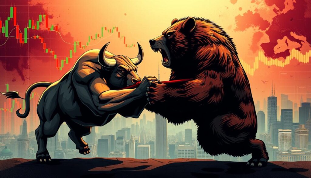 A vivid illustration of bullish and bearish market trends, captured through a dynamic interplay of contrasting symbols. In the foreground, a powerful bull and a fierce bear engage in a fierce tug-of-war, their muscular bodies straining against each other, representing the push and pull of market sentiment. The middle ground features a backdrop of shifting stock charts and candlestick patterns, casting an intense, dramatic lighting that casts dynamic shadows across the scene. In the distance, a cityscape of skyscrapers and financial institutions fades into a hazy, uncertain horizon, conveying the broader economic environment. The overall atmosphere evokes a sense of tension, uncertainty, and the constant flux of the financial markets.