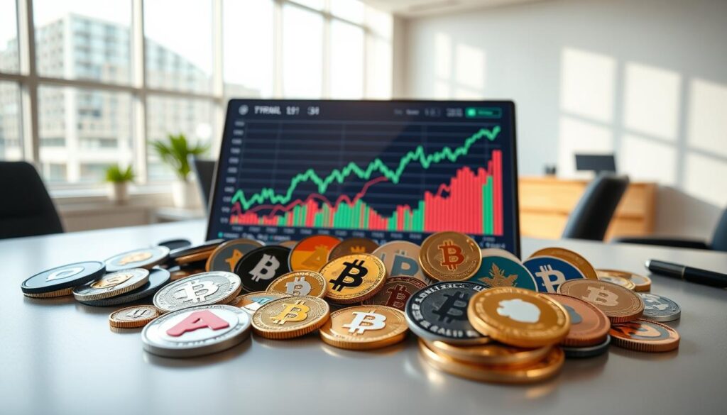 A well-curated crypto portfolio with a diverse range of digital assets laid out on a sleek, modern desk. The foreground features various cryptocurrencies, represented by their iconic logos, neatly arranged in a visually appealing manner. The middle ground showcases a high-resolution graph or chart displaying the portfolio's performance over time, conveying a sense of financial analysis and strategic investment. In the background, a clean, minimalist office environment with large windows allows natural light to pour in, creating a calm and professional atmosphere. The image should evoke a sense of informed decision-making, financial prudence, and a balanced approach to cryptocurrency investment.