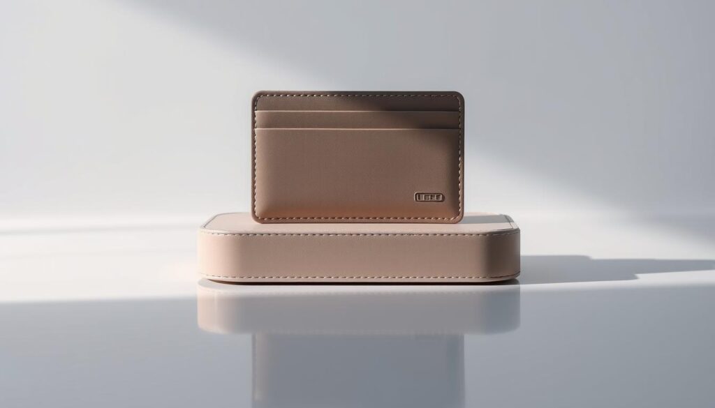 A well-designed, minimalist platform wallet in muted tones, resting on a sleek, reflective surface. The wallet features clean lines, high-quality leather or synthetic material, and a subtle logo or emblem. Soft, directional lighting illuminates the wallet, creating subtle shadows and highlights that accentuate its form and texture. The background is a simple, uncluttered studio setting, allowing the wallet to be the focal point. An elegant, professional, and trustworthy visual representation of a secure payment solution.