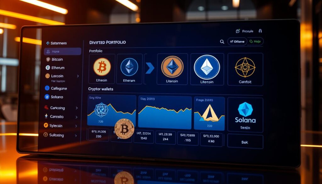 A well-diversified cryptocurrency portfolio displayed on a modern digital screen, bathed in a warm, futuristic glow. The screen showcases various digital wallets, each representing a different cryptocurrency - Bitcoin, Ethereum, Litecoin, Cardano, and Solana, among others. The portfolio's composition is visually balanced, with each asset's allocation displayed in a clear, easy-to-understand format. The overall atmosphere is one of financial stability, technological innovation, and long-term growth potential, reflecting the core principles of a successful crypto investment strategy.