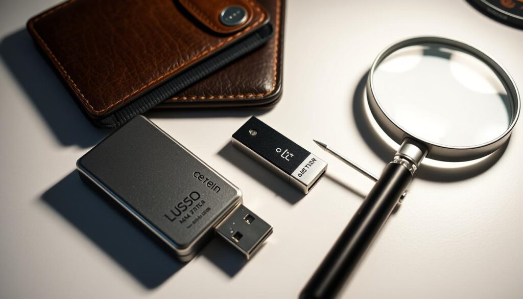 A well-lit, close-up photograph of a collection of professional cryptocurrency wallet recovery tools, including a hardware wallet, a USB drive, a screwdriver, and a magnifying glass. The tools are neatly arranged on a clean, minimalist desk surface, casting subtle shadows that suggest a studio lighting setup. The overall mood is one of precision, focus, and the careful process of regaining access to a lost or forgotten digital wallet.