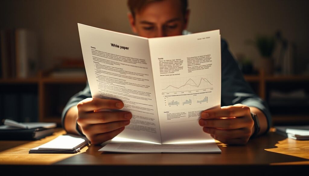 A well-lit, desk scene showcasing a person's hands reading a physical white paper document. The document has a clean, minimal design with clear text and graphs. The person's face is not visible, but their focused expression is evident through their body language. Warm, natural lighting illuminates the scene, creating a contemplative, studious atmosphere. The background is slightly blurred, emphasizing the paper as the central focus. A sense of concentration and intellectual engagement permeates the image, capturing the essence of effectively reading a cryptocurrency whitepaper.