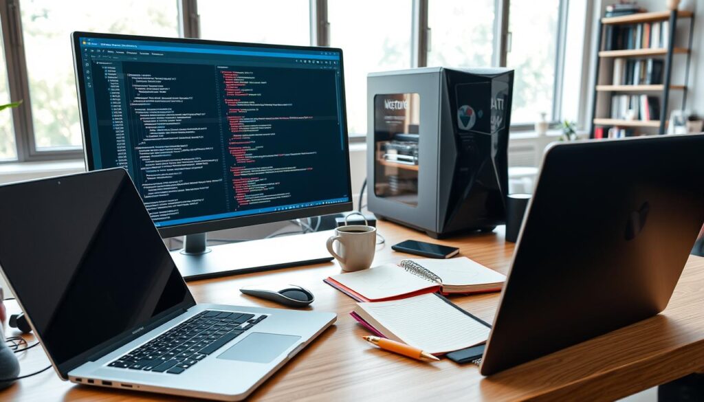 A well-lit desktop workspace with a sleek laptop, smartphone, and various development tools neatly arranged. In the foreground, a high-quality monitor displays a coding editor with a complex smart contract file. In the middle ground, a stylish tower PC, a cup of coffee, and a notebook with handwritten notes. The background features a minimalist bookshelf and a large window providing natural light, creating a serene and productive atmosphere for Ethereum blockchain development.