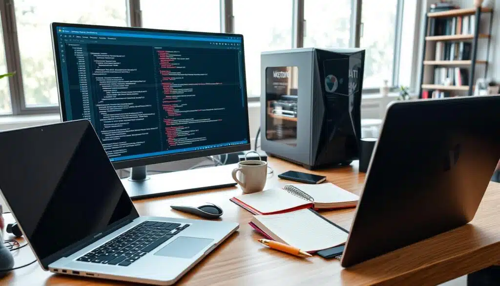 A well-lit desktop workspace with a sleek laptop, smartphone, and various development tools neatly arranged. In the foreground, a high-quality monitor displays a coding editor with a complex smart contract file. In the middle ground, a stylish tower PC, a cup of coffee, and a notebook with handwritten notes. The background features a minimalist bookshelf and a large window providing natural light, creating a serene and productive atmosphere for Ethereum blockchain development.