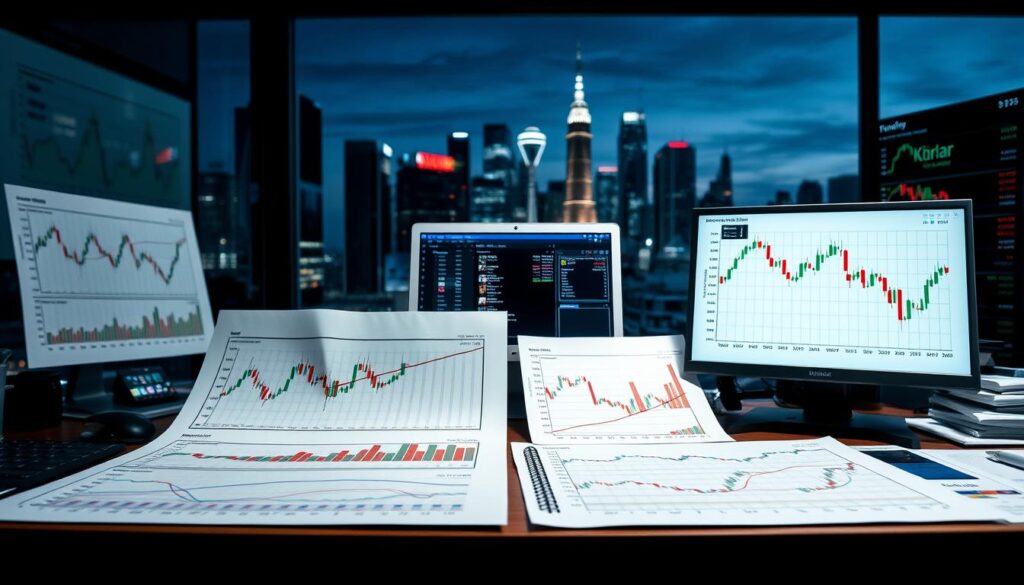 A well-lit, detailed comparison of fundamental analysis and technical analysis methods for cryptocurrency investment decisions. In the foreground, a set of financial charts, graphs, and data visualizations contrasting the two analytical approaches. In the middle ground, a desktop computer and various investment research tools. In the background, a cityscape with skyscrapers and a cryptocurrency exchange interface. The scene conveys a professional, analytical atmosphere with a focus on data-driven decision-making.