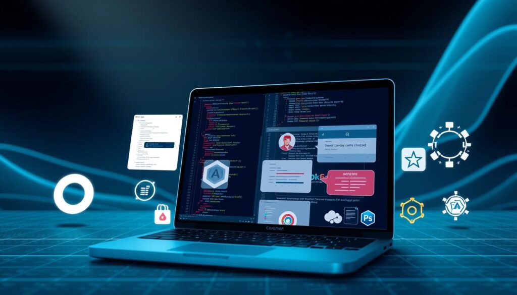 A well-lit, detailed illustration of various smart contract audit tools, including security scanners, linters, formal verification frameworks, and code analysis utilities. The foreground features a laptop screen displaying code editor interfaces, while the middle ground showcases a selection of tool icons, logos, and visualizations. The background depicts a sleek, minimalist technological landscape, with a subtle grid pattern and soft lighting to convey a sense of focus and precision. The overall mood is professional, informative, and visually engaging, perfectly suited to illustrate the "Practical Tools and Techniques for Auditing" section of the article.