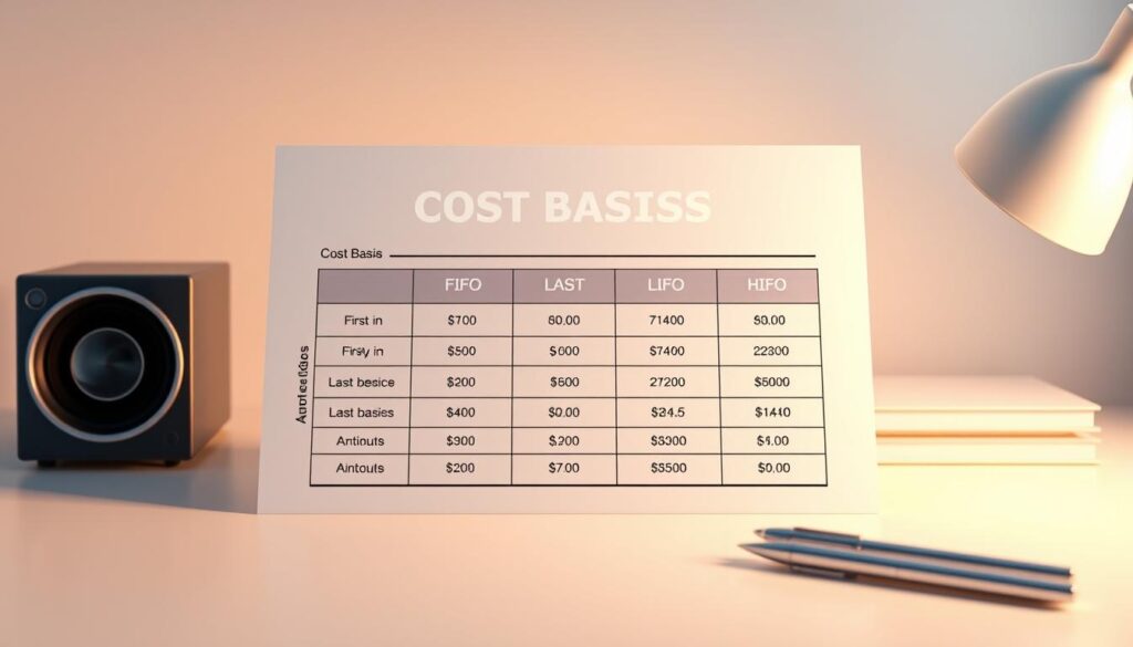 A well-lit, high-quality 3D render of a financial chart illustrating the concept of cost basis, with a focus on the methods of FIFO (first-in, first-out), LIFO (last-in, first-out), and HIFO (highest-in, first-out). The chart is presented on a clean, minimalist desk with a subtle gradient background, emphasizing the importance of these cost basis approaches for crypto tax reporting. The composition showcases the chart in the foreground, with a sense of depth and balance, using a medium camera angle and warm, professional lighting to convey a sense of clarity and analysis.
