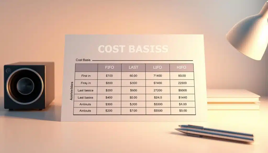 A well-lit, high-quality 3D render of a financial chart illustrating the concept of cost basis, with a focus on the methods of FIFO (first-in, first-out), LIFO (last-in, first-out), and HIFO (highest-in, first-out). The chart is presented on a clean, minimalist desk with a subtle gradient background, emphasizing the importance of these cost basis approaches for crypto tax reporting. The composition showcases the chart in the foreground, with a sense of depth and balance, using a medium camera angle and warm, professional lighting to convey a sense of clarity and analysis.