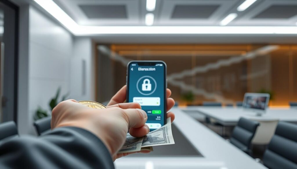 A well-lit, high-resolution close-up image of a secure cryptocurrency cash conversion process. In the foreground, a hand holds a physical Bitcoin or Ethereum coin, with a bank note nearby. The middle ground features a smartphone displaying a cryptocurrency exchange or wallet app, showing a secure transaction interface. The background depicts a minimalist, futuristic office setting with sleek technology and clean lines, conveying a sense of trust and professionalism. The lighting is soft and diffused, creating a sense of depth and highlighting the details of the scene. The overall atmosphere is one of safety, efficiency, and financial empowerment.