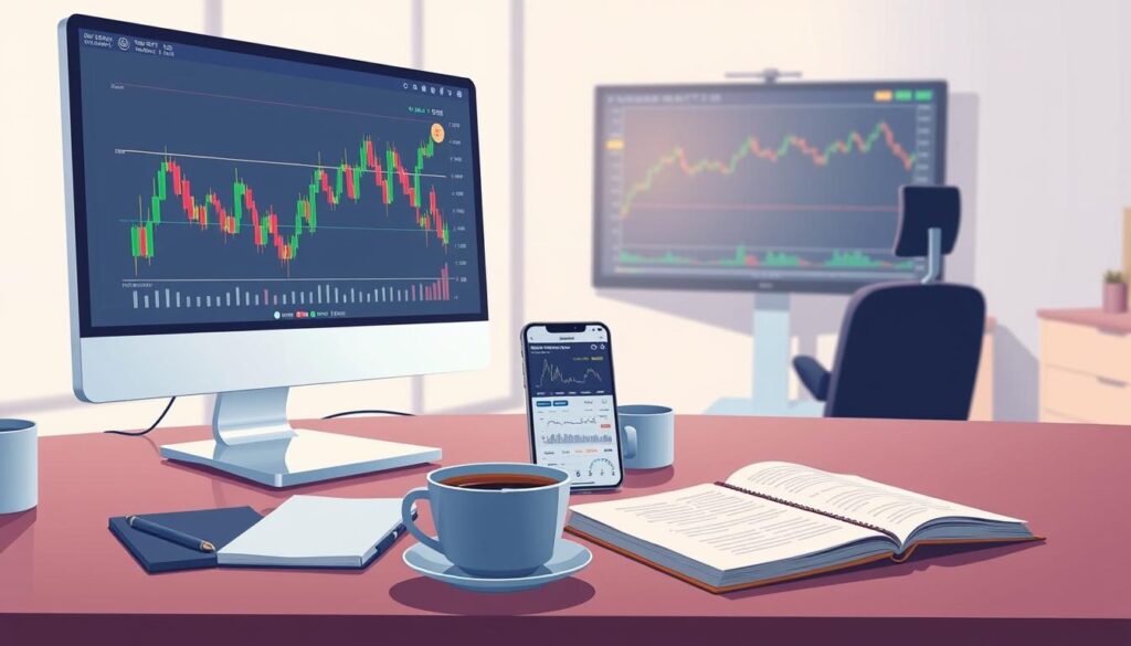 A well-lit, high-resolution digital illustration depicting a workspace with various cryptocurrency trading volume analysis tools. In the foreground, a desktop computer displays a comprehensive candlestick chart, with technical indicators and volume profiles overlaying the price action. Alongside it, a smartphone showcases a mobile trading app with real-time market data and volume analytics. In the middle ground, a physical trading journal and a cup of coffee create a sense of focus and diligence. The background features a minimalist office setting, with a large monitor displaying a volumetric heatmap of the cryptocurrency market. The overall atmosphere conveys a sense of professional, data-driven analysis in the pursuit of informed trading decisions.
