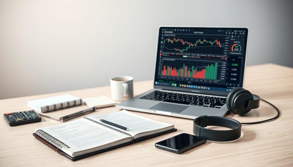 A well-lit, high-resolution image of a desk featuring a variety of trading tools and AI-powered software for cryptocurrency investment. In the foreground, a laptop displays the CRYPTOMAXIMAL interface, complete with advanced charting, algorithmic trading strategies, and real-time market data. Surrounding the laptop are various physical tools, such as a trading journal, a calculator, and a pair of noise-cancelling headphones. In the middle ground, a cup of coffee and a smartphone provide additional connectivity and research capabilities. The background showcases a minimalist office setting with clean lines and neutral tones, allowing the trading tools to be the focal point of the composition.