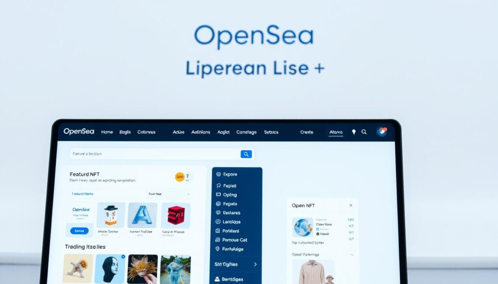 A well-lit, high-resolution interface of the leading NFT marketplace, OpenSea. The foreground displays the platform's home screen, showcasing featured NFT collections, trending items, and a search bar. The middle ground features a sleek navigation menu with options to explore, create, and manage NFTs. The background subtly depicts the OpenSea logo and a clean, minimalist aesthetic, conveying a sense of professionalism and sophistication. The overall atmosphere is polished, user-friendly, and designed to highlight the platform's comprehensive NFT ecosystem.