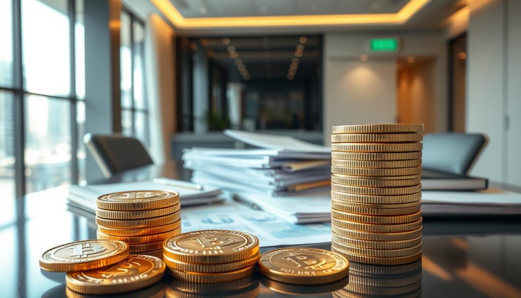 A well-lit, high-resolution scene depicting the "best crypto tax" concept. In the foreground, a stylized, metallic-rendered stack of cryptocurrency coins, their surfaces gleaming with intricate textures. In the middle ground, a collection of tax documents, ledgers, and financial reports arranged neatly, conveying a sense of organization and attention to detail. The background features a sleek, modern office setting with a large window overlooking a cityscape, bathing the scene in a warm, natural light. The overall tone is one of professionalism, reliability, and the careful management of cryptocurrency-related finances.