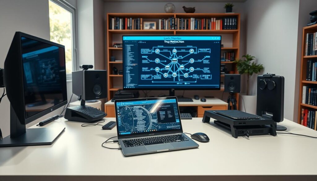 A well-lit, modern developer workstation, with a spacious desk, a high-resolution 4K display, and a sleek, minimalist design. On the desk, a powerful, state-of-the-art laptop with a clear, crisp screen, surrounded by various development tools and peripherals, including a high-performance mouse, a mechanical keyboard, and a professional-grade webcam. In the background, a large, wall-mounted monitor displays a blockchain architecture diagram, while a bookshelf with programming and blockchain-related books adds a touch of depth and context. The overall atmosphere is one of focus, productivity, and a commitment to building cutting-edge blockchain applications from scratch.