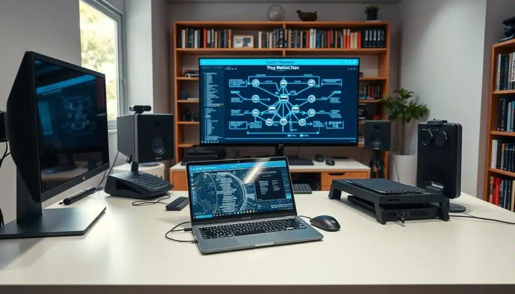 A well-lit, modern developer workstation, with a spacious desk, a high-resolution 4K display, and a sleek, minimalist design. On the desk, a powerful, state-of-the-art laptop with a clear, crisp screen, surrounded by various development tools and peripherals, including a high-performance mouse, a mechanical keyboard, and a professional-grade webcam. In the background, a large, wall-mounted monitor displays a blockchain architecture diagram, while a bookshelf with programming and blockchain-related books adds a touch of depth and context. The overall atmosphere is one of focus, productivity, and a commitment to building cutting-edge blockchain applications from scratch.