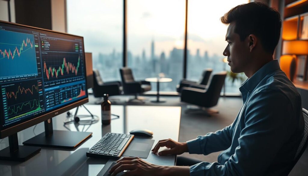 A well-lit office setting with a desk, computer, and various trading charts and graphs displayed on the screen. In the foreground, a financial analyst intently studying the data, deep in thought. Subtle lighting casts a warm glow, highlighting the focus and concentration on their face. The middle ground features a clean, minimalist design with sleek, modern furniture, conveying an efficient, optimized workspace. The background showcases a panoramic cityscape view through large windows, suggesting the broader financial context. The overall atmosphere is one of precision, professionalism, and a relentless pursuit of market advantage.