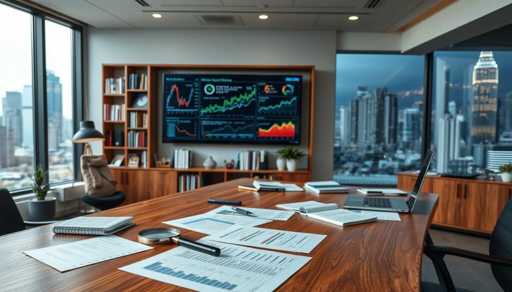 A well-lit office setting with a large wooden desk in the foreground. On the desk, various financial documents, a laptop, and a magnifying glass, conveying a sense of careful evaluation and analysis. In the middle ground, a large display screen shows charts, graphs, and data visualizations related to different crypto platforms. The background features a bookshelf filled with financial publications and a large window overlooking a bustling city skyline, hinting at the global scale and importance of the subject matter. The overall mood is one of professionalism, diligence, and a methodical approach to evaluating the safety and reliability of crypto platforms.