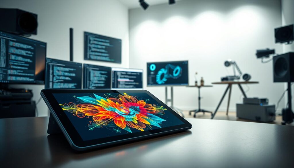 A well-lit studio setting, showcasing an array of generative art tools. In the foreground, a sleek digital tablet displays a vibrant, algorithmic composition, its surface reflecting the glow of a nearby monitor. The middle ground features a collection of programming interfaces, their windows filled with lines of code and intricate data visualizations. In the background, a minimalist 3D modeling software stands ready, its virtual workspace populated with geometric shapes and parametric forms. The overall scene conveys a sense of creative exploration, where technology and artistry converge to unlock the infinite possibilities of generative art.
