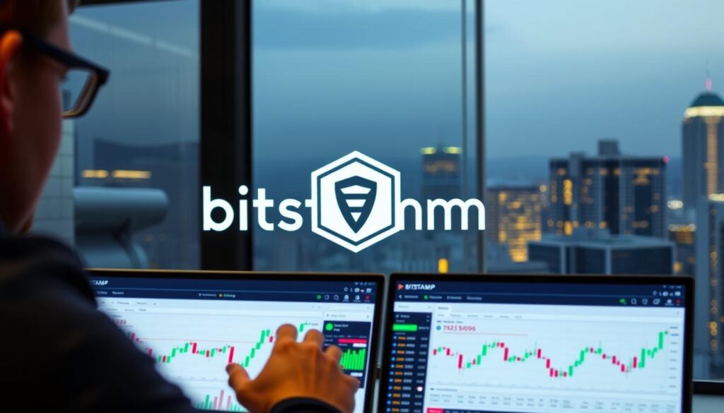 A well-lit trading platform with a sleek, modern interface. In the foreground, a user navigates Bitstamp's intuitive dashboard, monitoring cryptocurrency prices and placing trades with precision. The middle ground features Bitstamp's secure and compliant branding, conveying a sense of stability and trustworthiness. The background showcases a cityscape, hinting at Bitstamp's global reach and institutional-grade services. The overall mood is one of professionalism, efficiency, and confidence in digital asset management.
