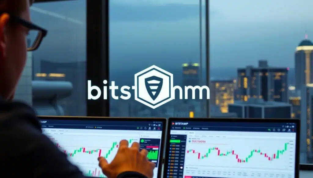 A well-lit trading platform with a sleek, modern interface. In the foreground, a user navigates Bitstamp's intuitive dashboard, monitoring cryptocurrency prices and placing trades with precision. The middle ground features Bitstamp's secure and compliant branding, conveying a sense of stability and trustworthiness. The background showcases a cityscape, hinting at Bitstamp's global reach and institutional-grade services. The overall mood is one of professionalism, efficiency, and confidence in digital asset management.