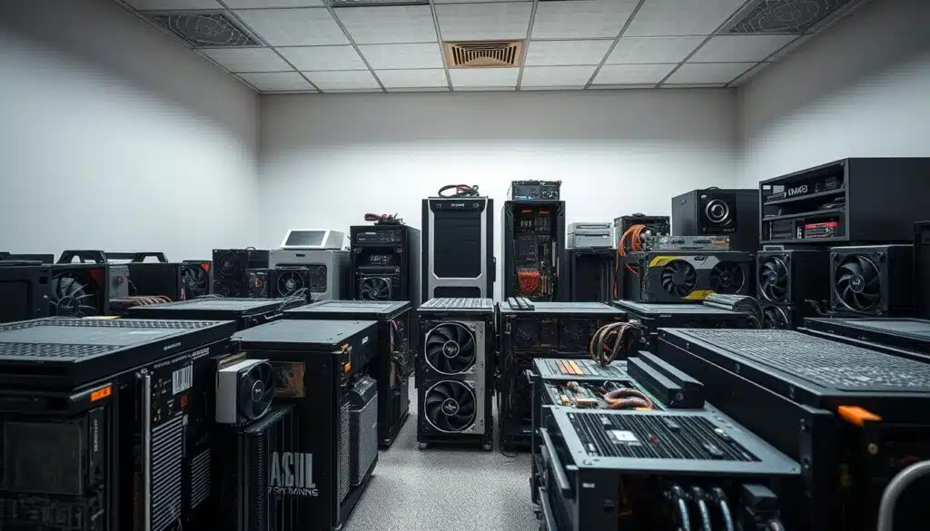 A well-lit, wide-angle, high-resolution photograph showcasing an array of diverse cryptocurrency mining hardware. The foreground displays a collection of state-of-the-art ASIC miners, their intricate components and cooling systems visible. The middle ground features several GPU-based mining rigs, their various graphics cards and power supplies highlighted. In the background, a selection of older, legacy mining hardware stands as a testament to the rapid technological advancements in this field. Subtle ambient lighting and a clean, professional studio setting create a sense of order and precision, inviting the viewer to closely examine and compare the technical specifications and capabilities of these mining solutions. A well-lit, wide-angle, high-resolution photograph showcasing an array of diverse cryptocurrency mining hardware. The foreground displays a collection of state-of-the-art ASIC miners, their intricate components and cooling systems visible. The middle ground features several GPU-based mining rigs, their various graphics cards and power supplies highlighted. In the background, a selection of older, legacy mining hardware stands as a testament to the rapid technological advancements in this field. Subtle ambient lighting and a clean, professional studio setting create a sense of order and precision, inviting the viewer to closely examine and compare the technical specifications and capabilities of these mining solutions.