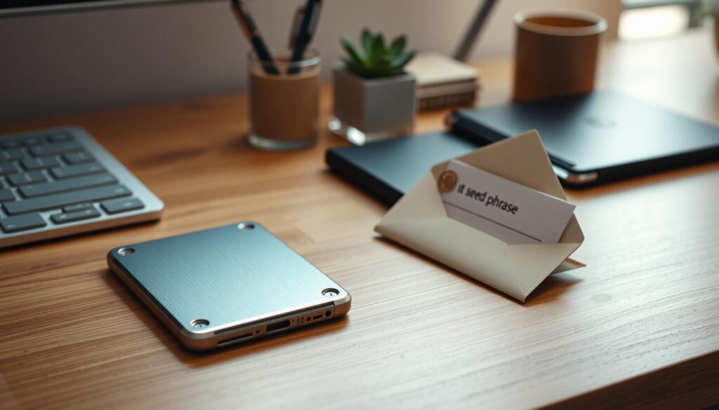 A well-organized desk with a clean, minimalist design. In the foreground, a hardware wallet rests on a wooden surface, its sleek metal body gleaming under soft, directional lighting. Nearby, a handwritten note with a list of words - a secure seed phrase - is carefully tucked into a small, elegant envelope. The middle ground features a few organizational tools, like a pen holder and a small succulent plant, creating a sense of intentional, thoughtful arrangement. The background is blurred, allowing the focus to remain on the hardware wallet and the seed phrase storage, conveying the importance of these elements for the safe custody of cryptocurrency.