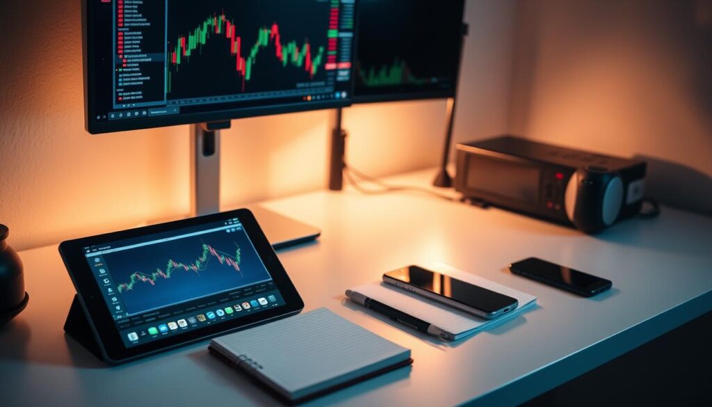 A well-organized trading desk with a dual-monitor setup, a tablet for market analysis, a notebook for jotting down ideas, and a smartphone for real-time notifications. The lighting is soft and warm, creating a focused and productive atmosphere. The desk surface is clean and uncluttered, allowing for efficient multitasking. The overall scene conveys a sense of preparedness and attention to detail, reflecting the trader's commitment to a clear trading plan and strategic decision-making.