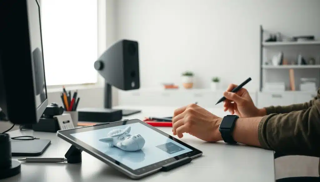 A well-organized workspace with a sleek desktop computer, a high-resolution digital tablet, and various digital art tools like styluses and drawing pens. The foreground features a 3D model of a digital asset, such as an NFT artwork, being carefully prepared and refined on the tablet's screen. The middle ground shows the artist's hands meticulously working on the digital file, adjusting colors, shapes, and details. The background depicts a minimalist, modern office setting with neutral tones and clean lines, creating a focused and professional atmosphere. The lighting is soft and directional, highlighting the digital asset and the artist's craftsmanship. The overall mood conveys a sense of concentration, attention to detail, and the process of digital file preparation for NFT creation.