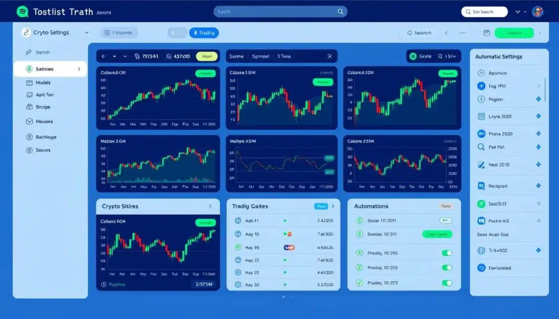 AI crypto trading bot dashboard showing automated trading interface with charts and settings