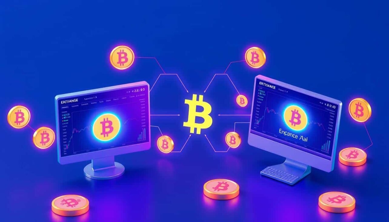 AI cryptocurrency arbitrage trading concept showing price differences between exchanges with automated trading bots